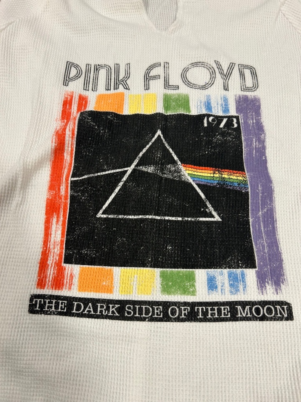 Pink Floyd Dark Side of the Moon Waffle Knit Henley Shirt White Graphic Band Tee